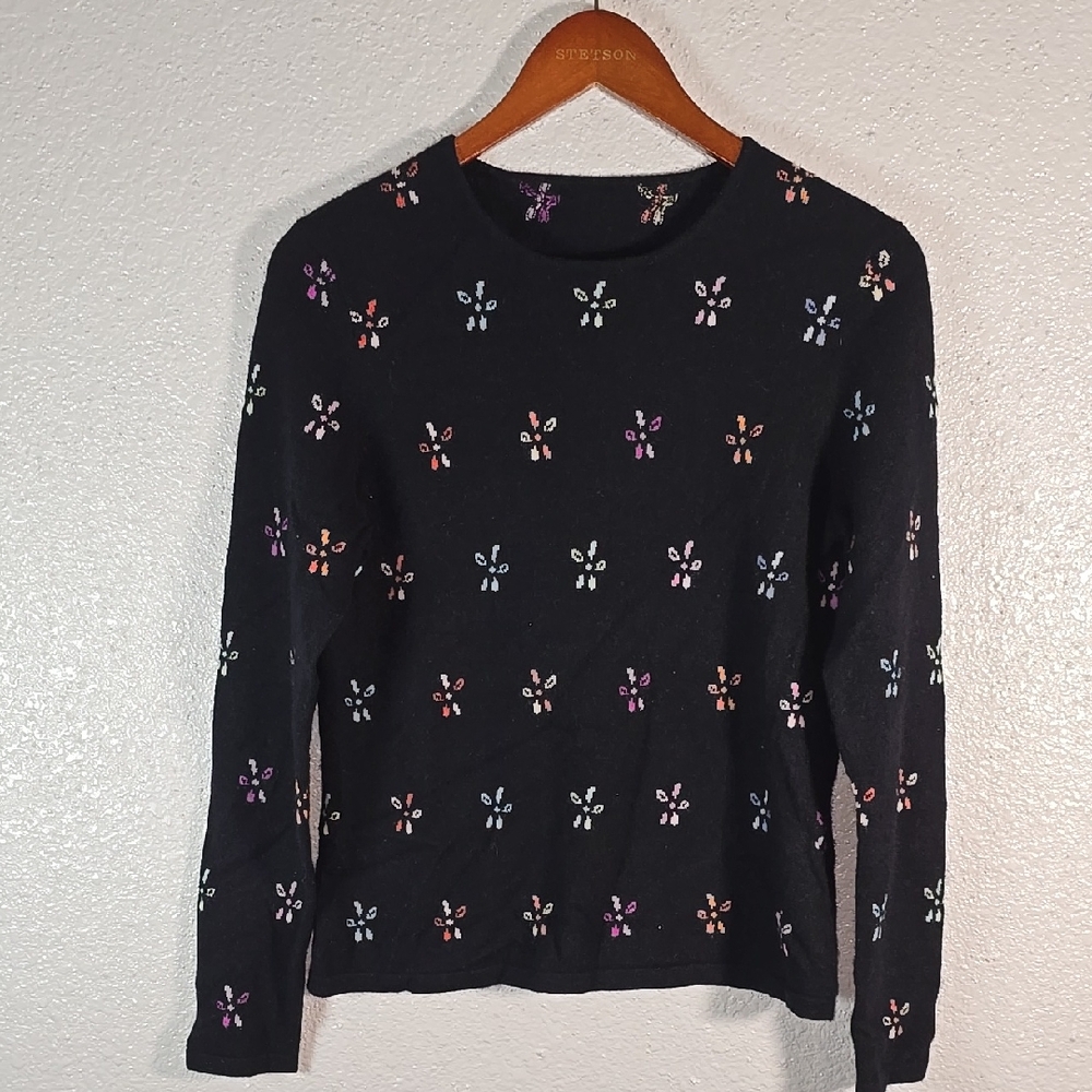 Talbots Cashmere Black Floral Women's Sweater Top